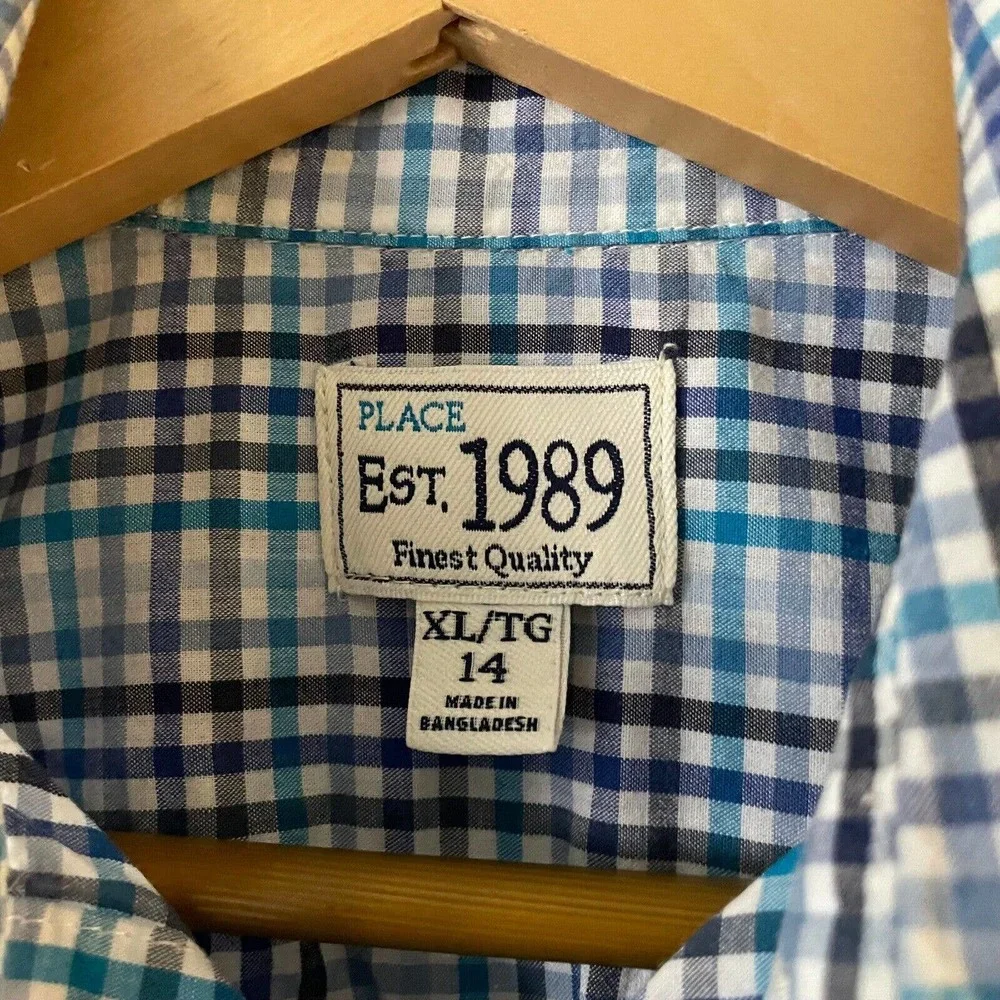 Children's Place Est 1989 Boys Size XL 14 Button Up Shirt Blue Plaid Long Sleeve